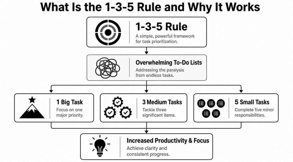 A flowchart diagram explaining the 1-3-5 rule for task prioritization to improve productivity and focus.