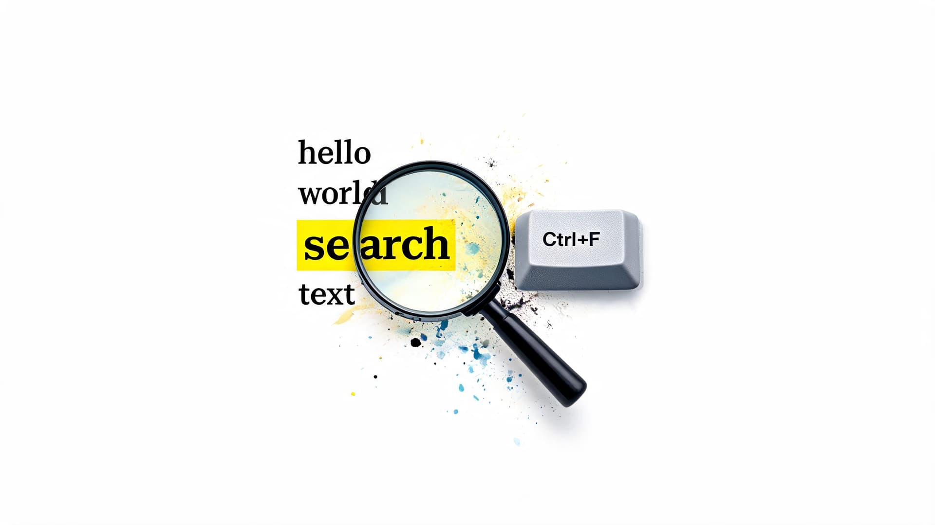 A magnifying glass focusing on the word search next to a computer key labeled Ctrl plus F.