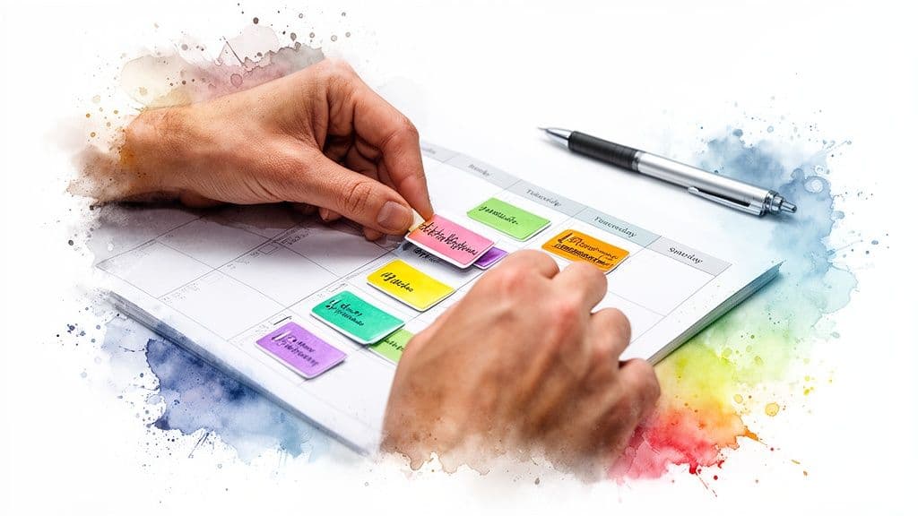 A close-up of hands organizing a calendar with colorful sticky notes, pen, and a vibrant watercolor effect.