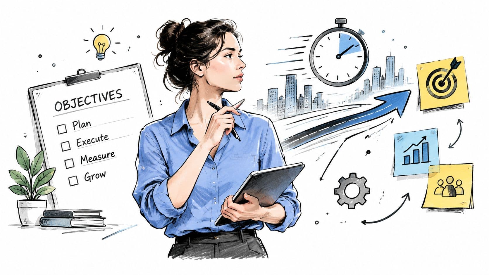 A professional woman holding a tablet and pen, surrounded by business icons representing planning and growth strategies.