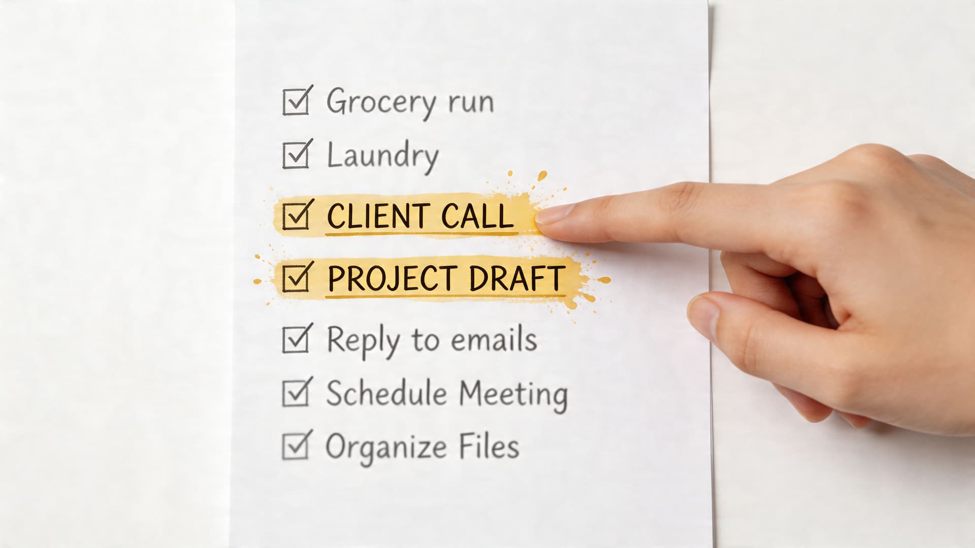 A hand pointing to a completed task list on paper with two items highlighted in yellow.