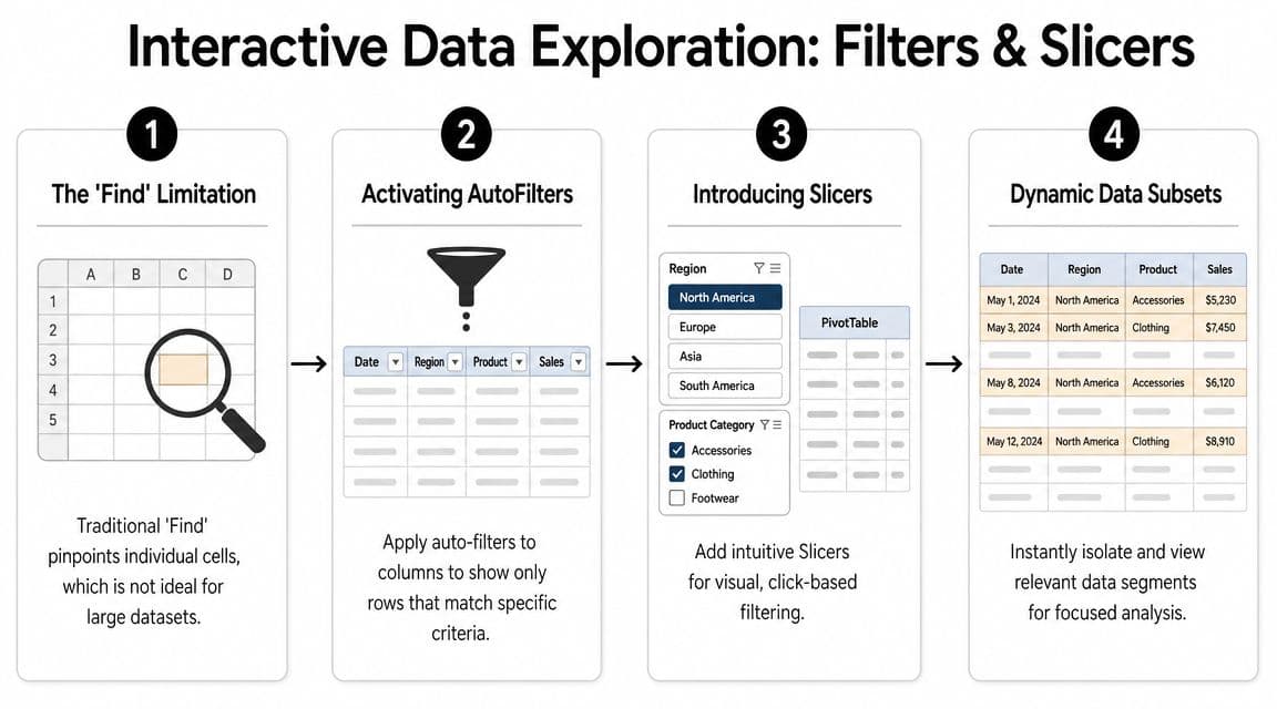 A four-step infographic illustrating the progression from basic Excel Find to advanced interactive slicers and filters.