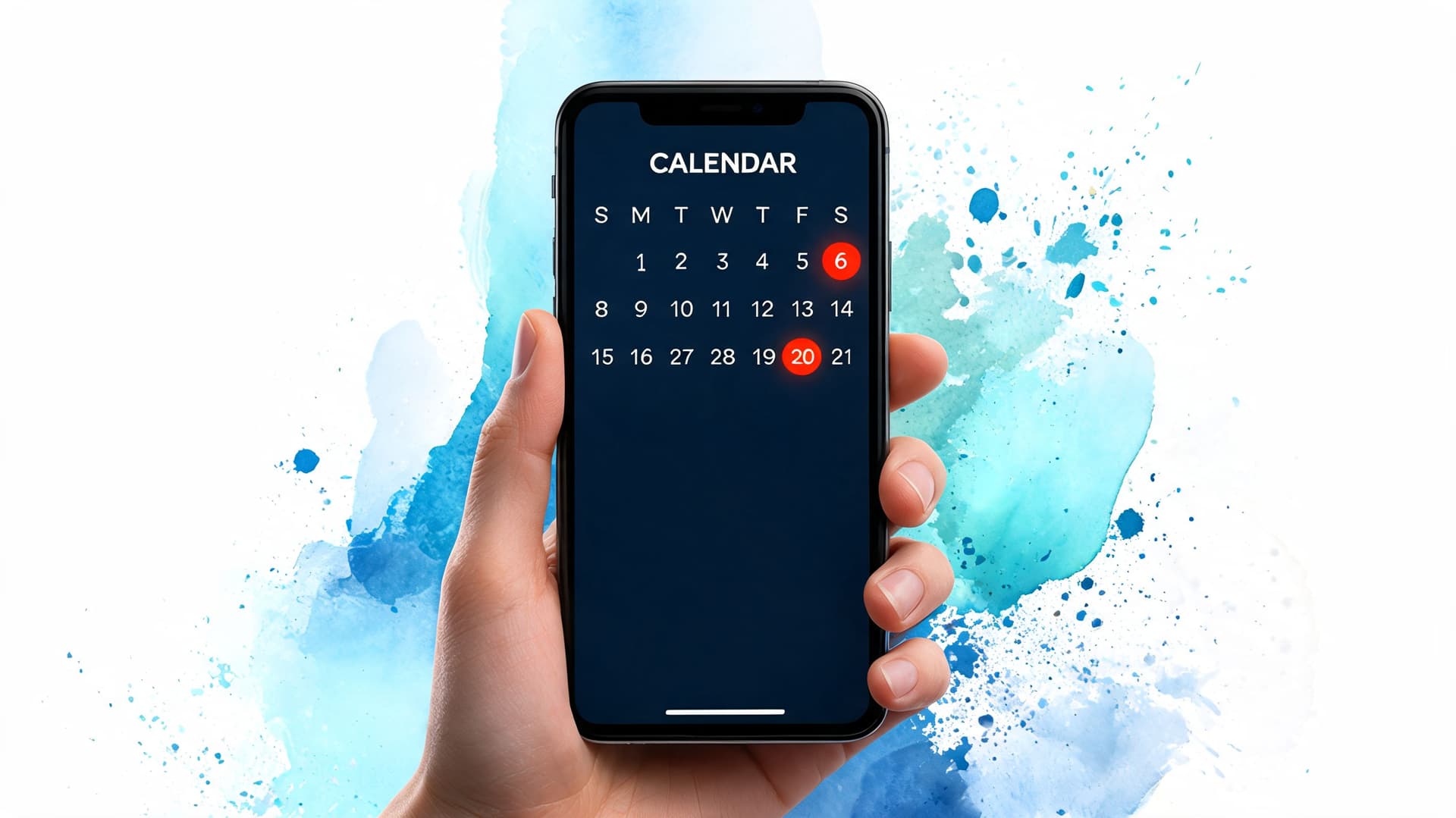 A hand holding a smartphone displaying a calendar app with highlighted dates on a watercolor background.