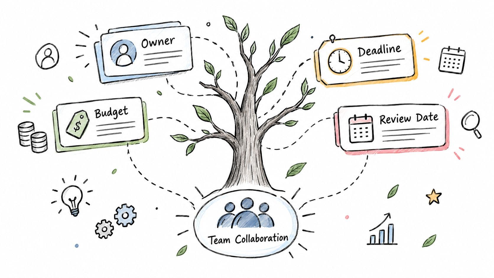 A hand-drawn illustration of a tree diagram representing project management elements like team collaboration, budget, and deadlines.