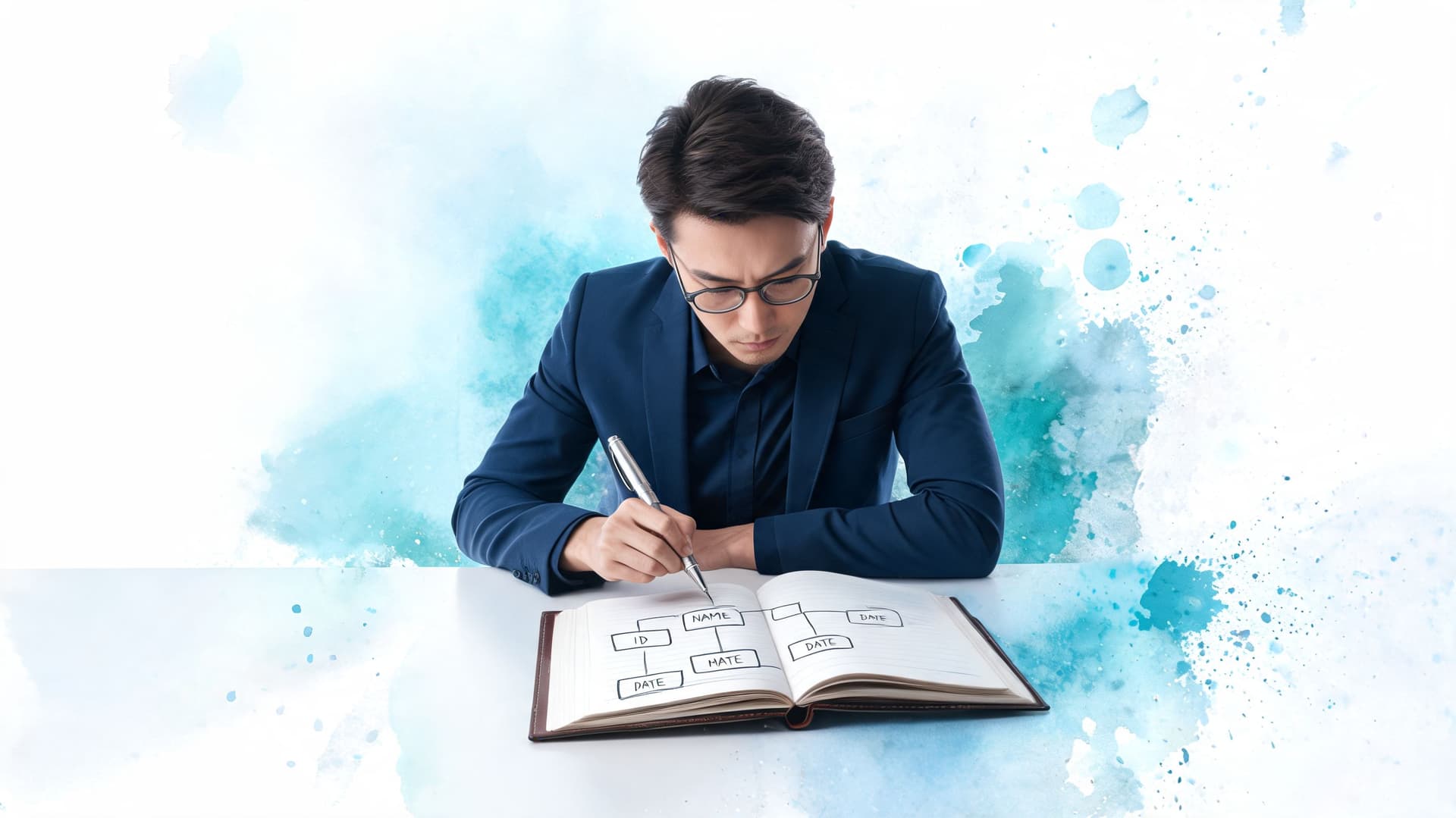A professional man in a blue suit drawing a database flow chart in an open notebook.