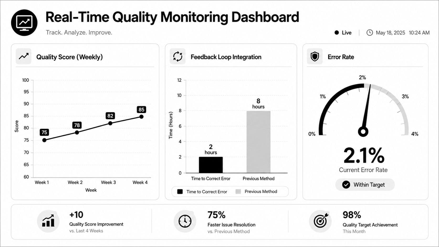 A real-time quality monitoring dashboard displaying weekly quality scores, error rates, and issue resolution performance metrics.