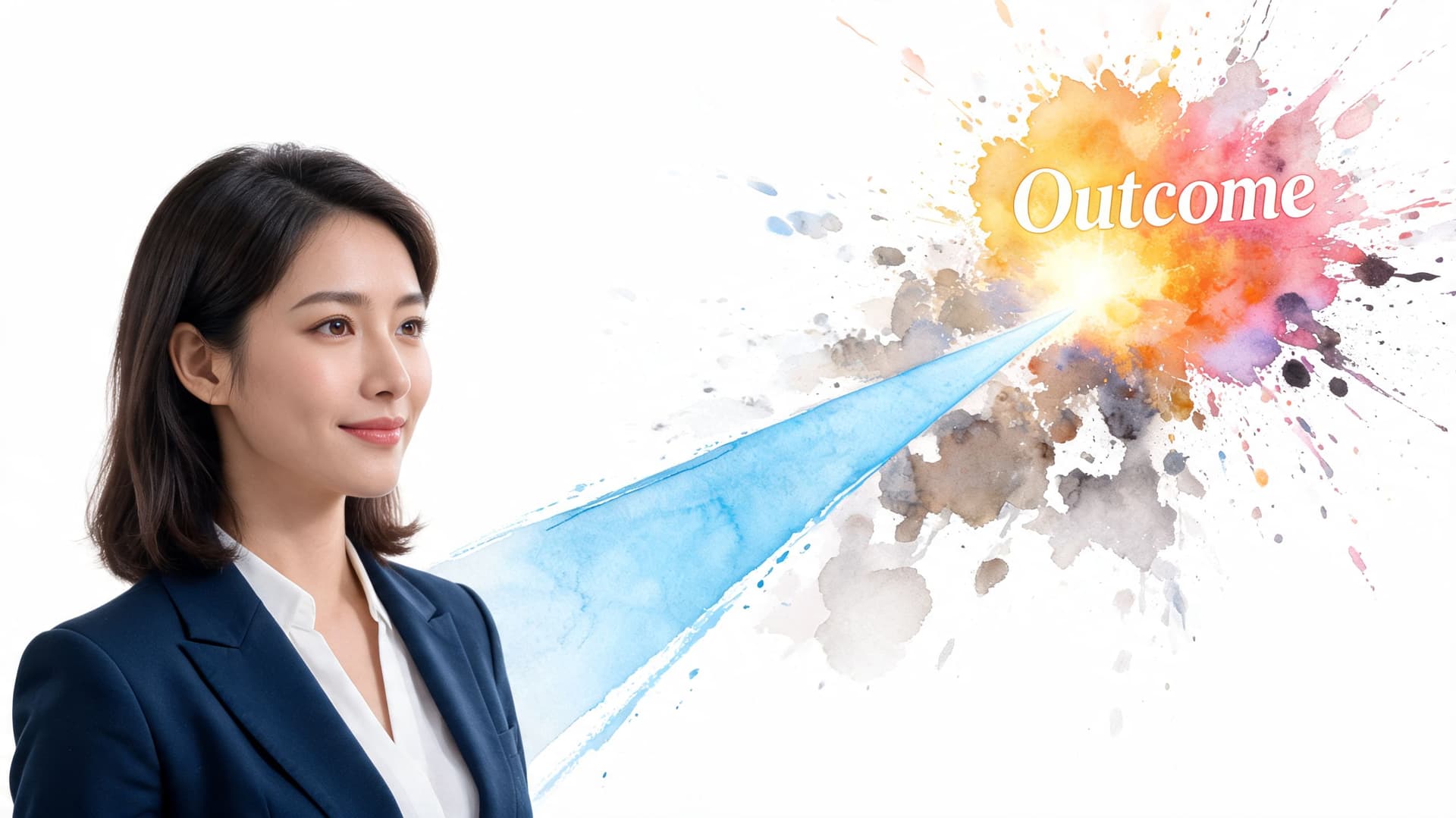 A professional woman looking at a colorful watercolor splash graphic representing successful business outcomes.