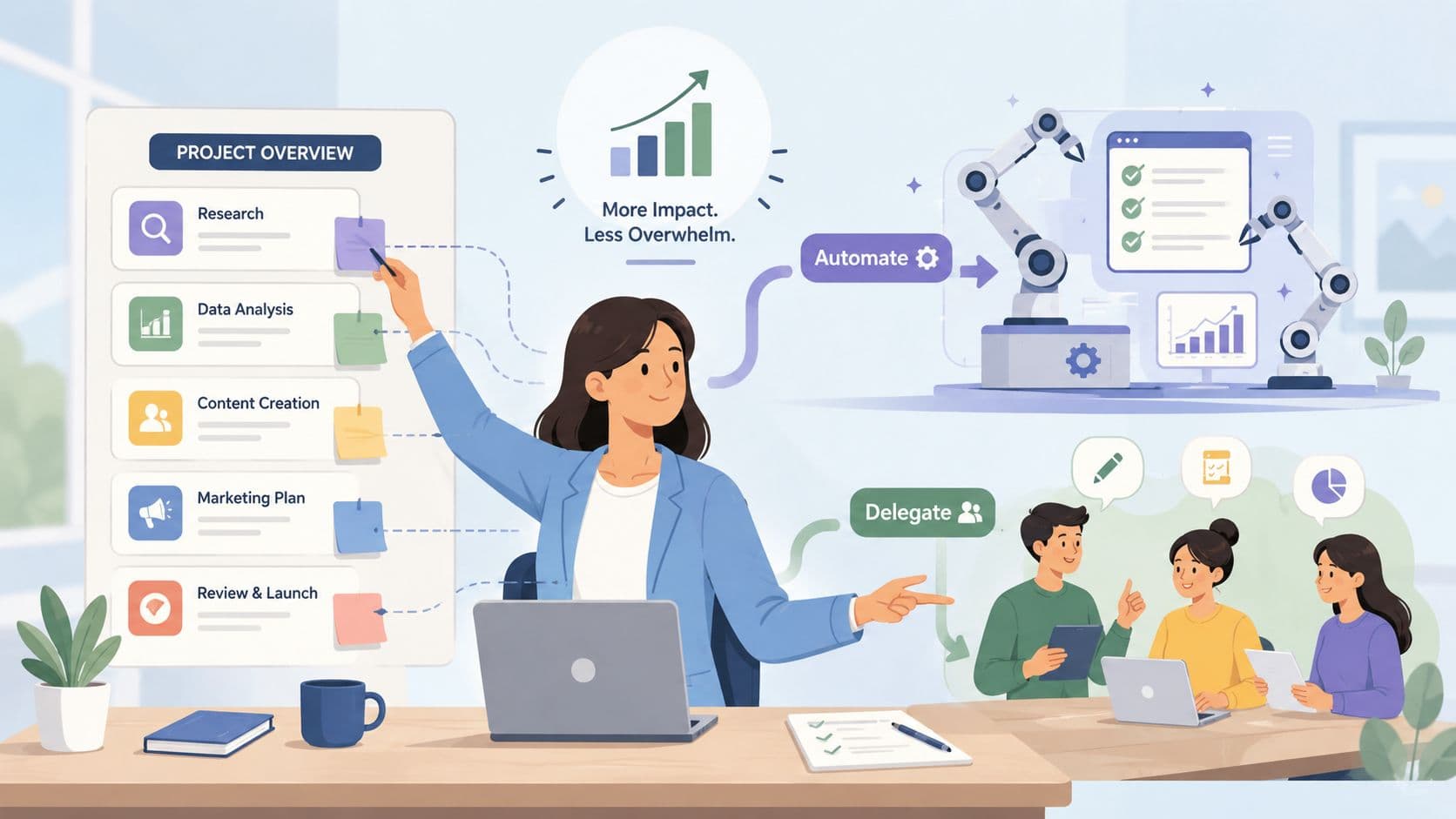 A professional woman organizing business tasks by delegating team work and automating processes to increase productivity.