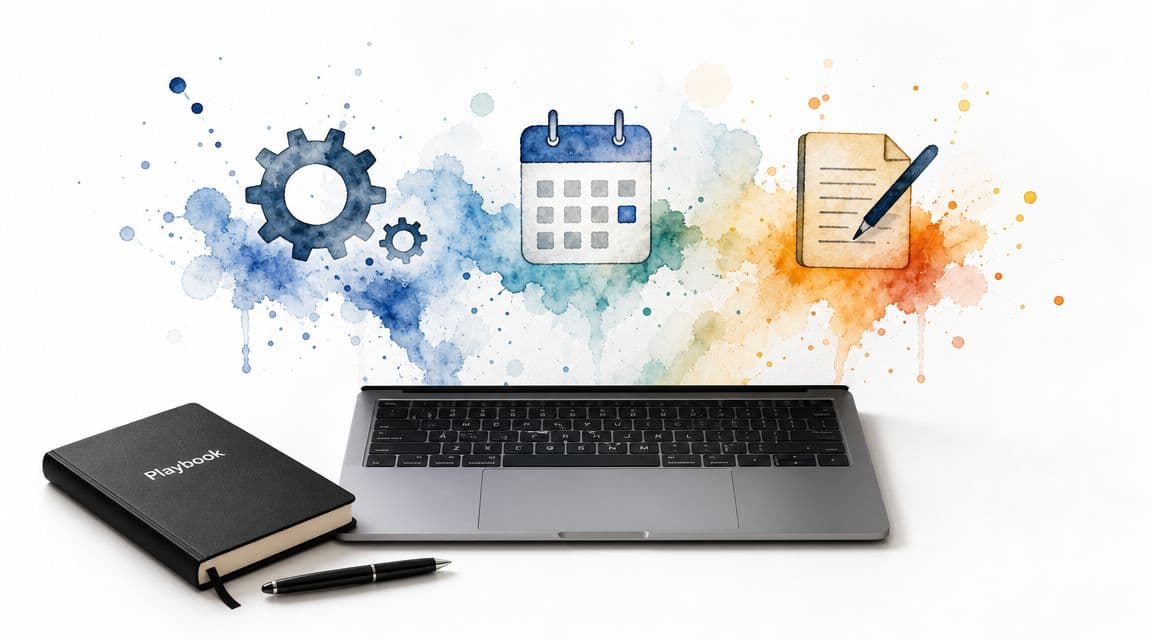 A laptop, a playbook journal, and a pen with watercolor icons representing productivity, planning, and writing.