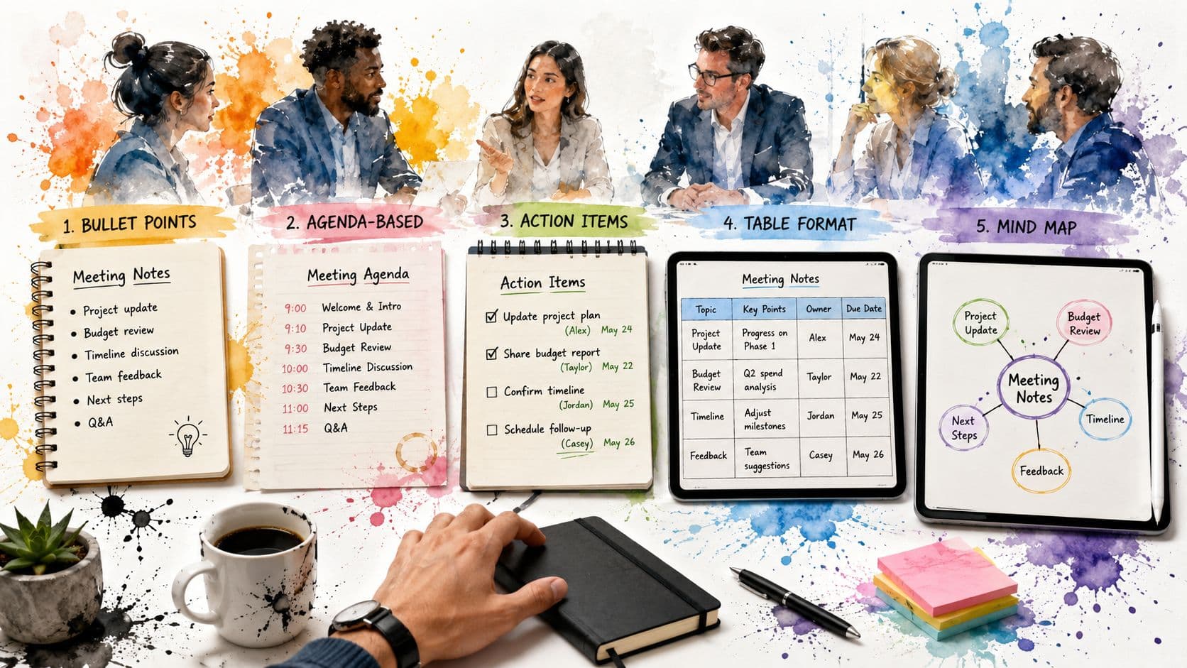A professional desk view showing five different meeting note formats with people collaborating in the background.