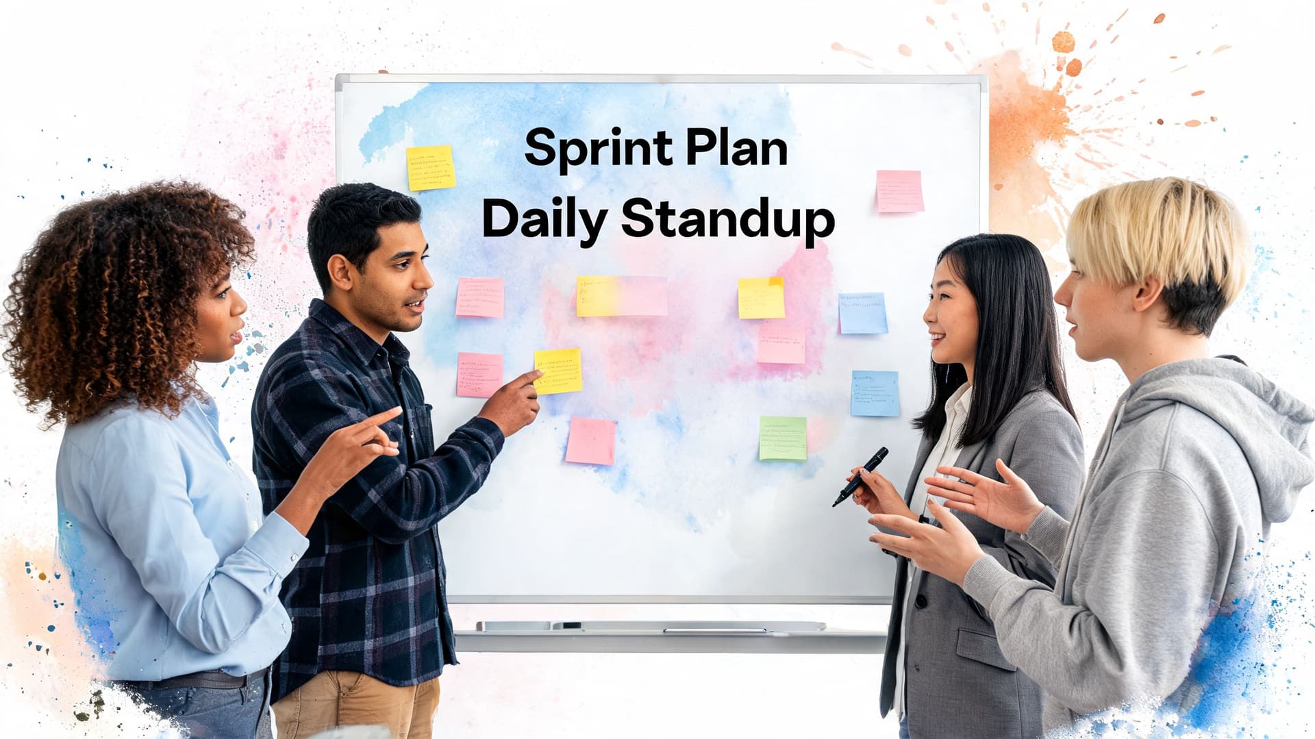 A diverse team of professionals collaboratively discussing sprint plans during an agile daily standup meeting.