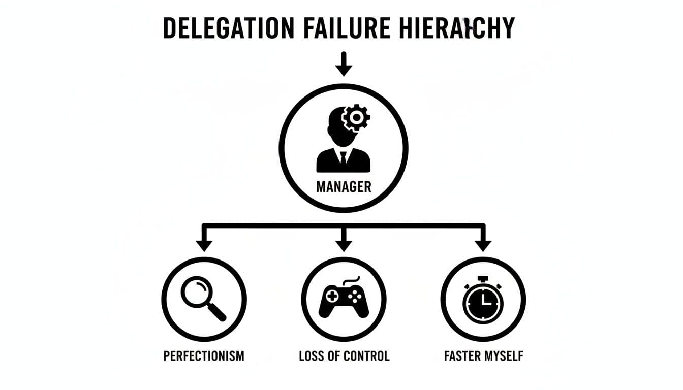 Delegation Failure Hierarchy diagram showing manager issues like perfectionism, loss of control, and doing it faster myself.