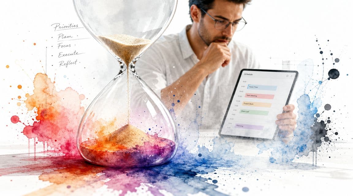 A professional man holding a tablet showing a schedule next to an artistic hourglass representing time management.