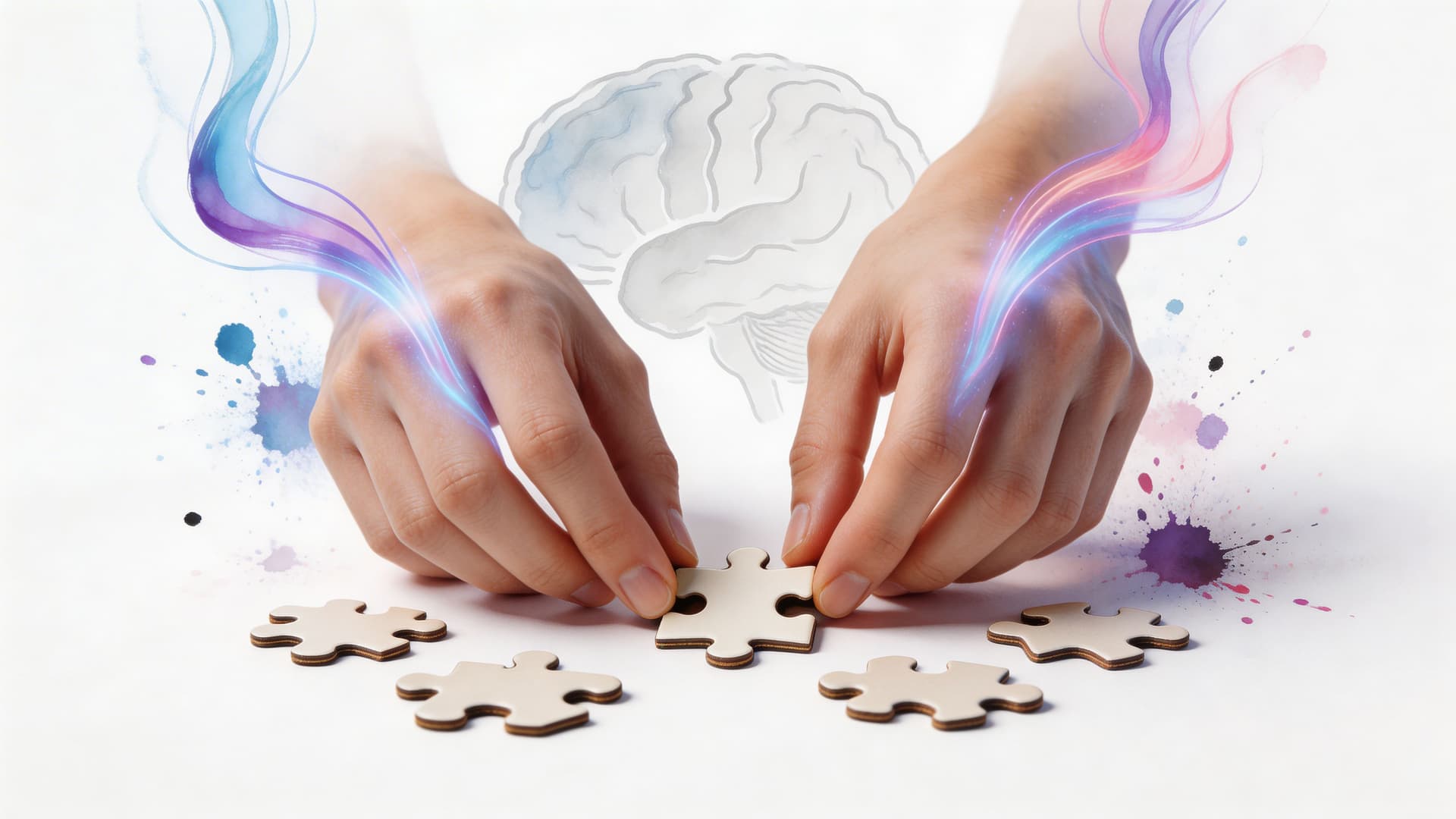 A pair of hands connecting puzzle pieces with an illustrated brain and abstract colorful light streaks above.