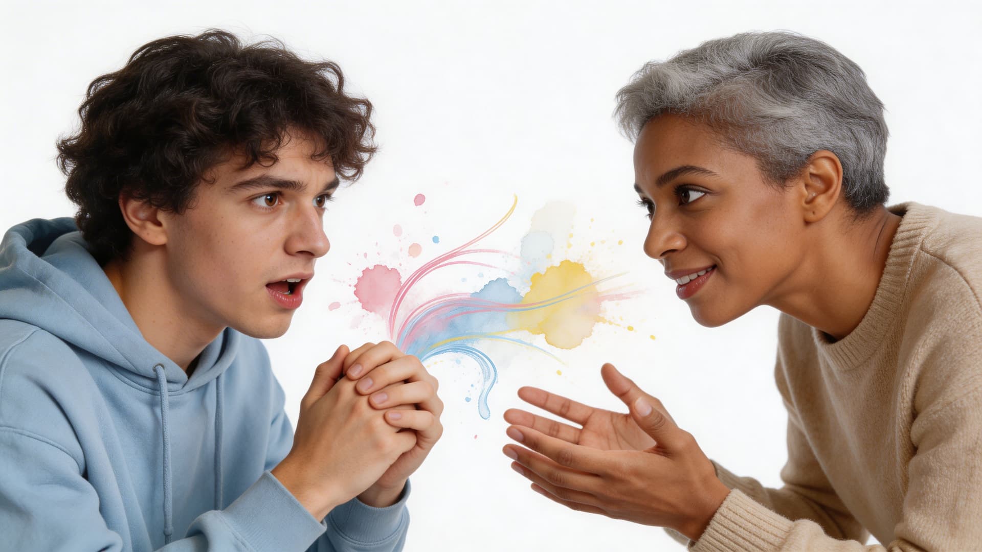A young man and a woman in conversation with colorful artistic watercolor splashes connecting them.