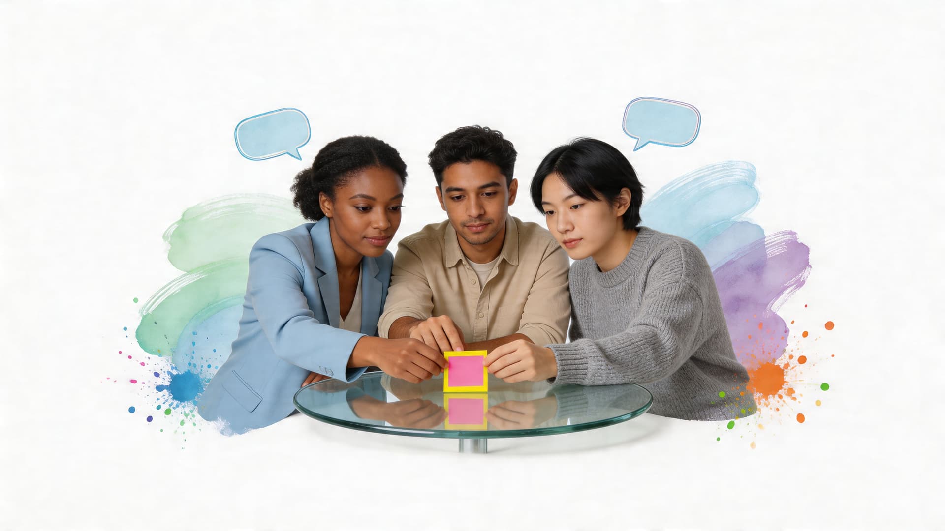 Three diverse colleagues collaborating by placing a blank yellow sticky note on a glass table together.