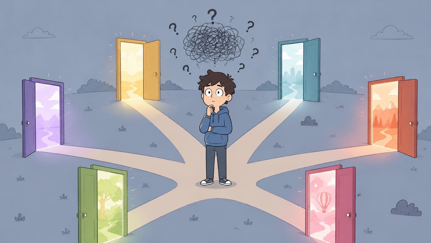 A young boy stands confused at a crossroads surrounded by five open doors showing different worlds.