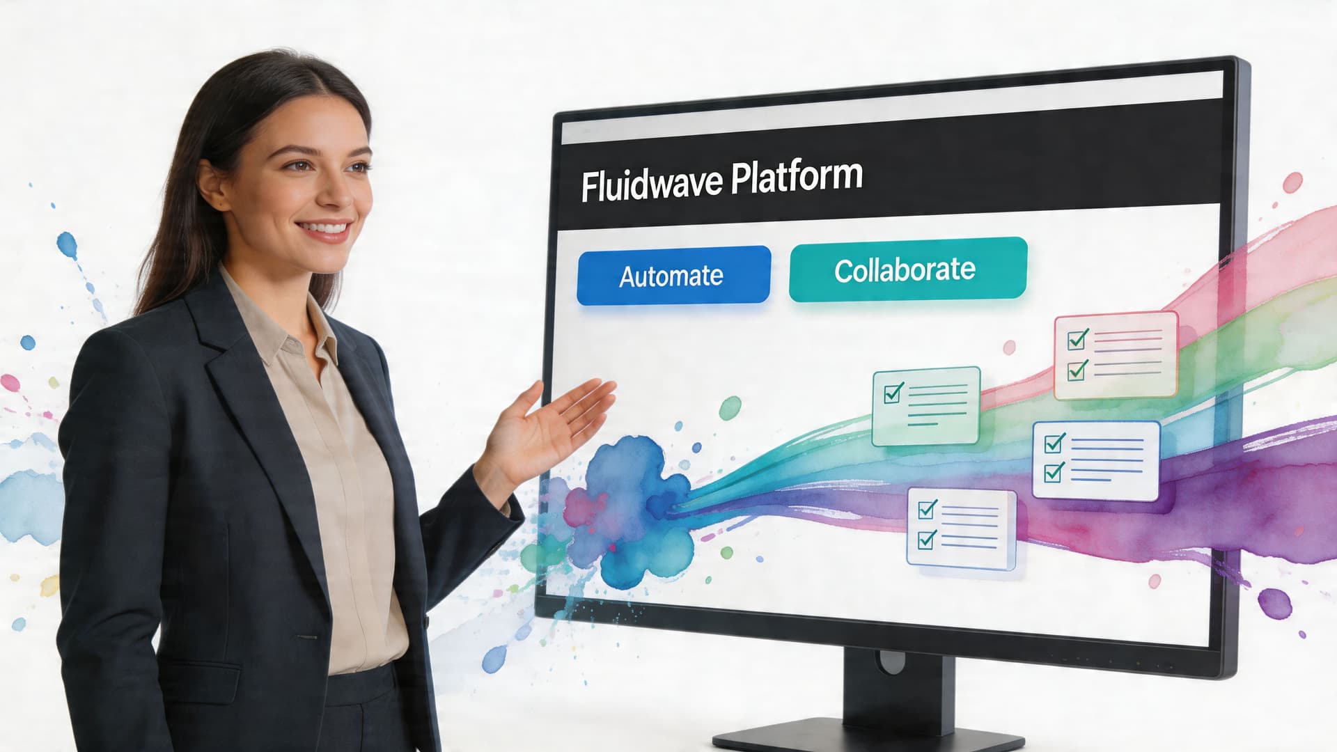 A professional woman gesturing toward a large computer monitor displaying the Fluidwave platform with collaboration tools.