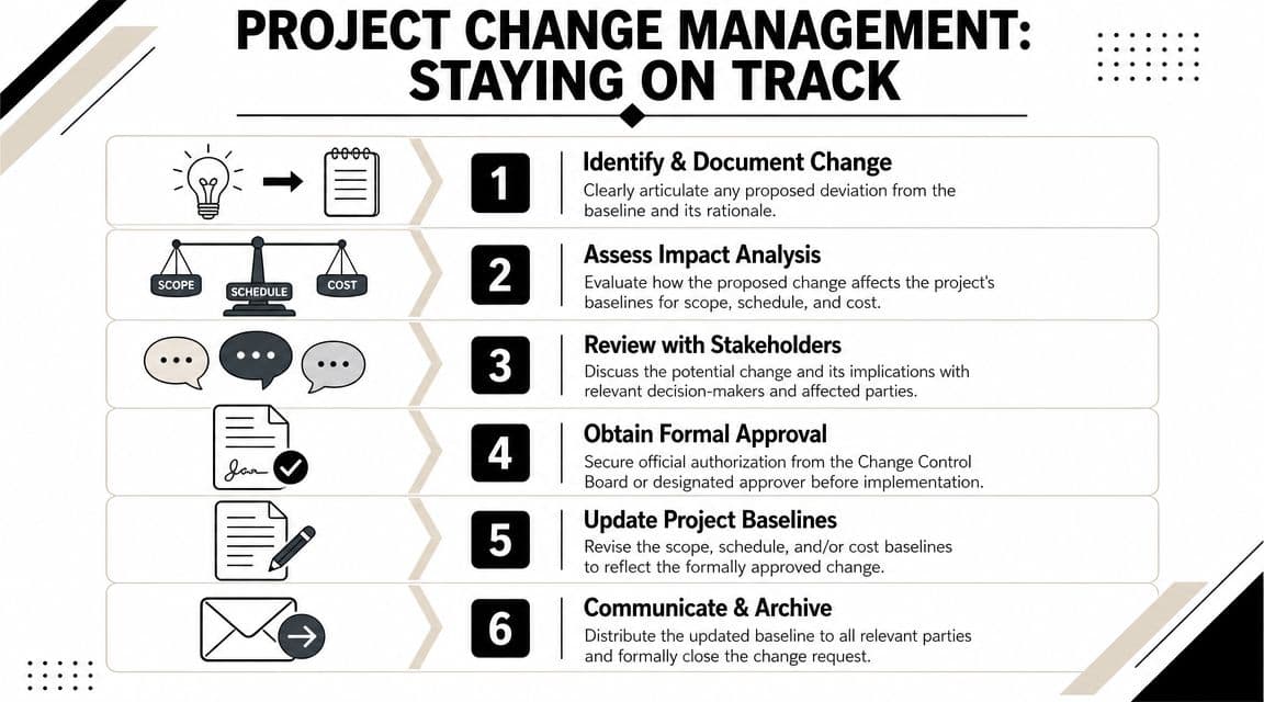 A six-step infographic detailing the professional project change management process for maintaining project baselines and tracking.
