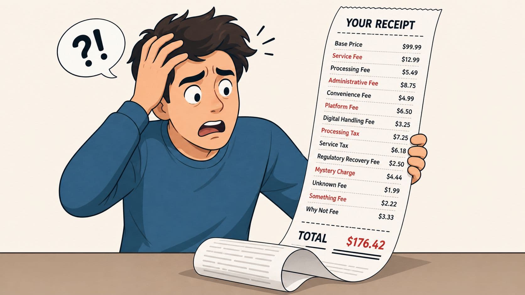 A confused person looking at a long receipt with numerous hidden and unexpected service fees.
