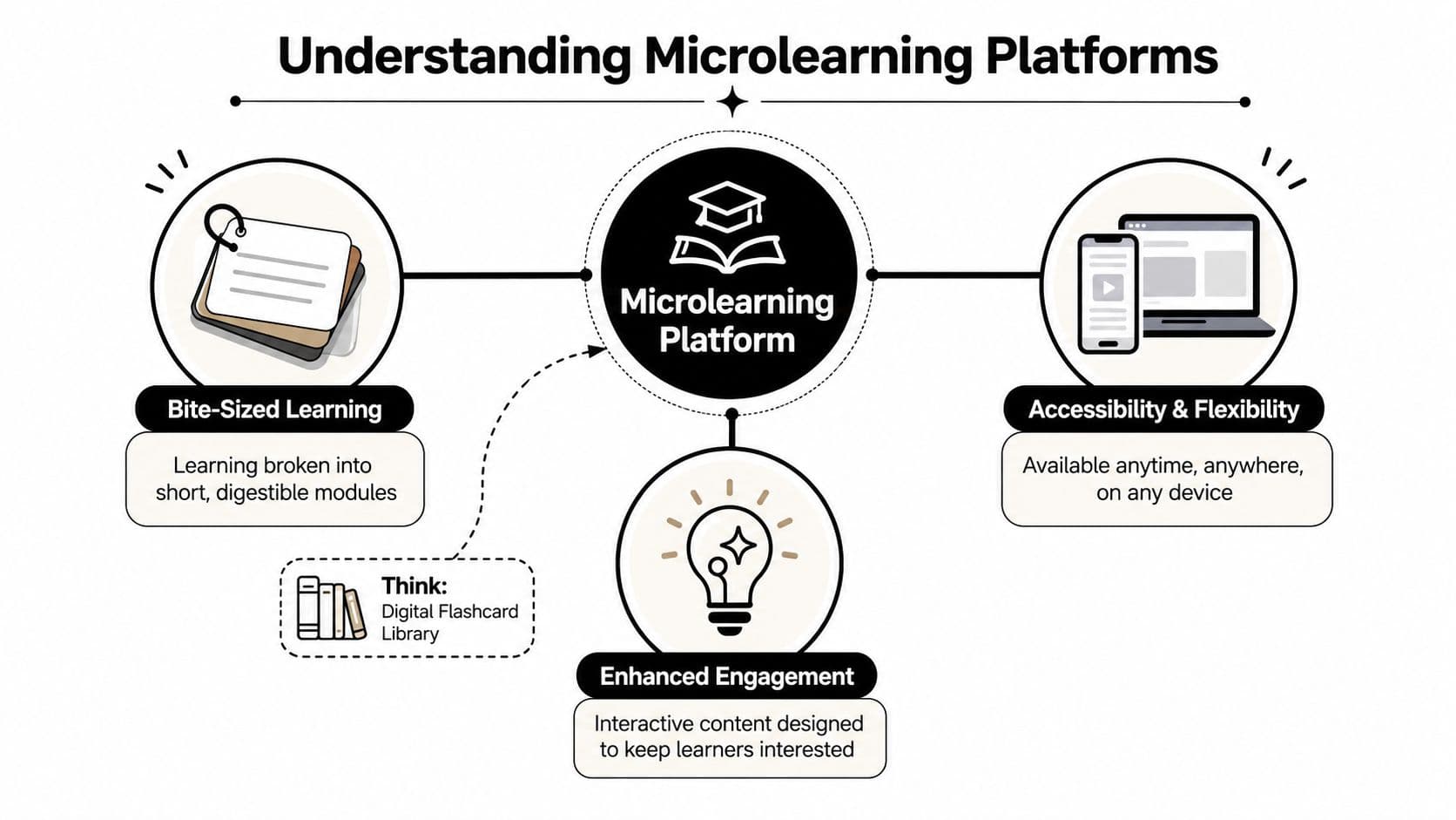A diagram illustrating the core concepts of microlearning platforms including bite-sized learning, accessibility, and enhanced engagement.