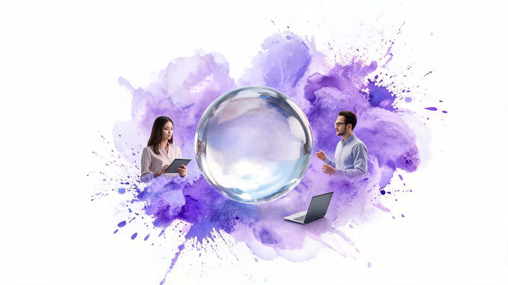 A woman with a tablet and a man with a laptop interacting with a large glass sphere.