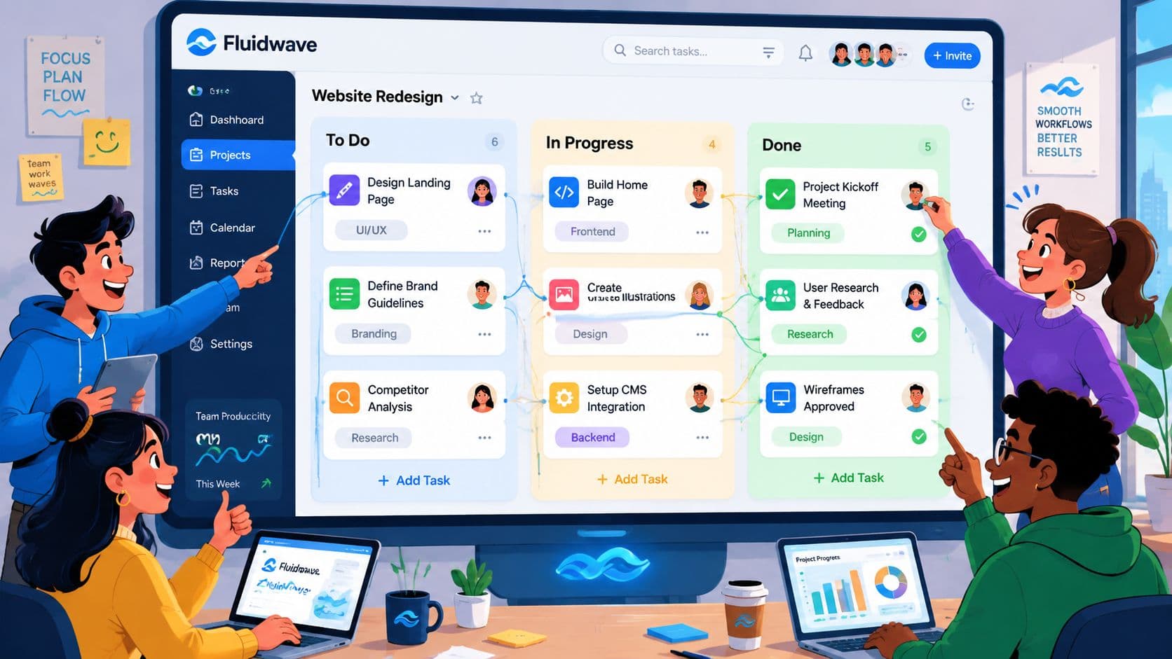 A diverse team collaborating on project management software displayed on a large computer screen in an office.