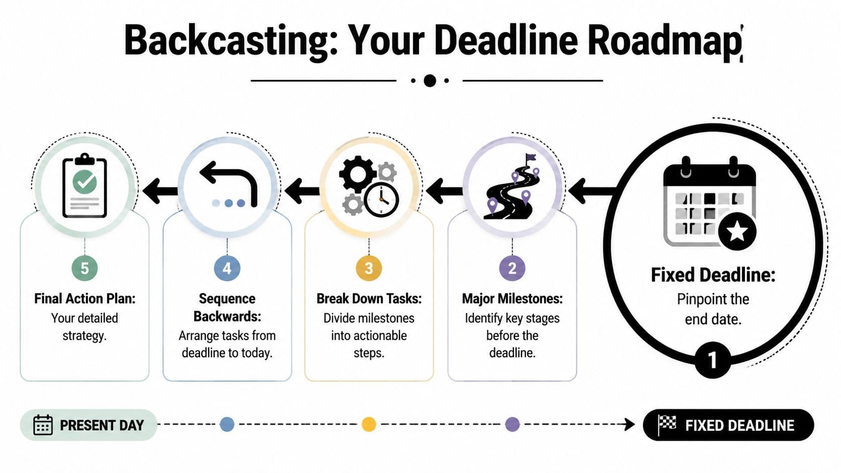 A diagram illustrating the backcasting method for project planning, showing five steps from a fixed deadline to today.