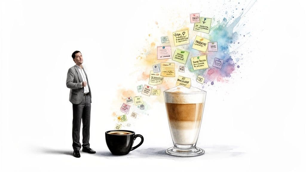 A man observes a colorful watercolor burst of sticky notes and ideas emerging from coffee cups.