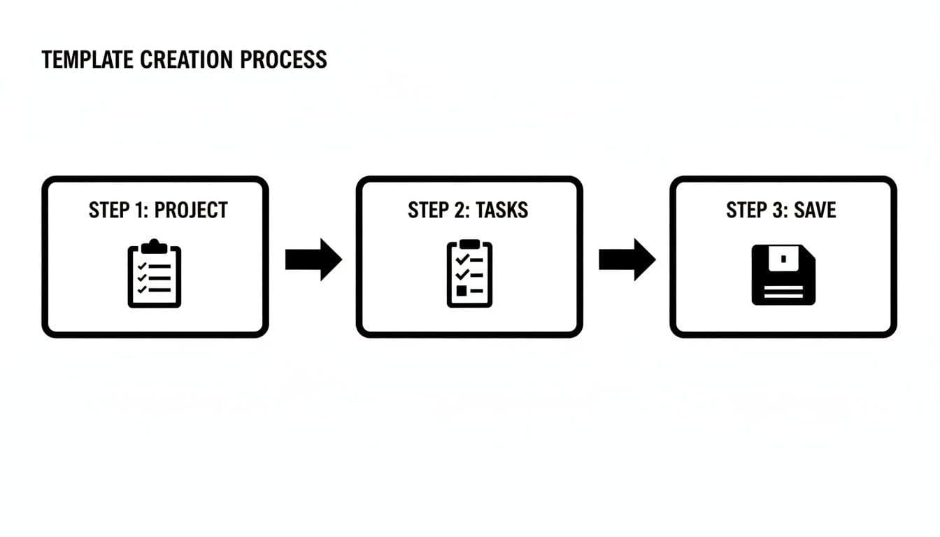A three-step template creation process: Project (clipboard), Tasks (checklist), and Save (floppy disk icon).
