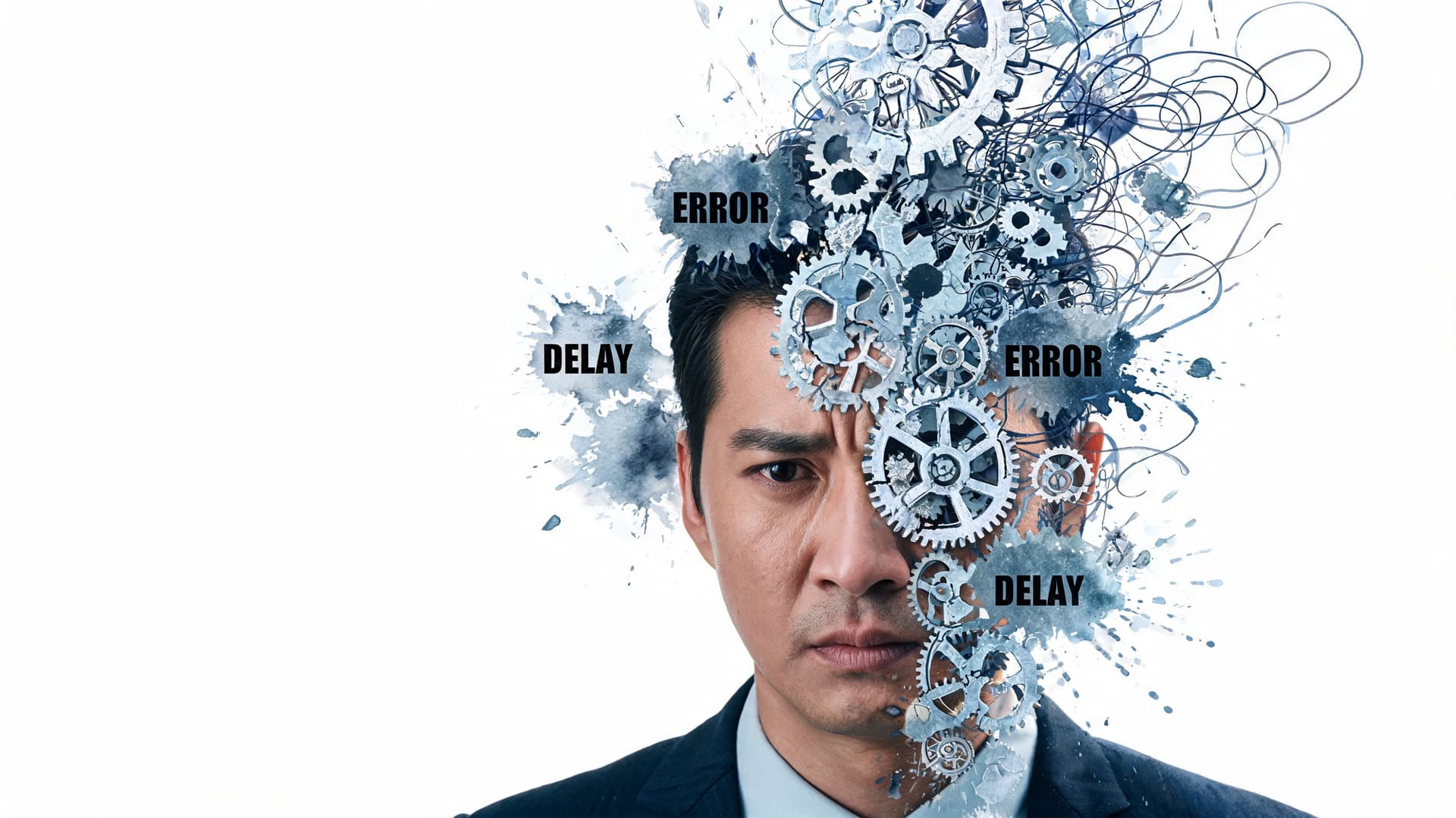 A concerned businessman with his head dissolving into gears, representing system complexity and processing errors.