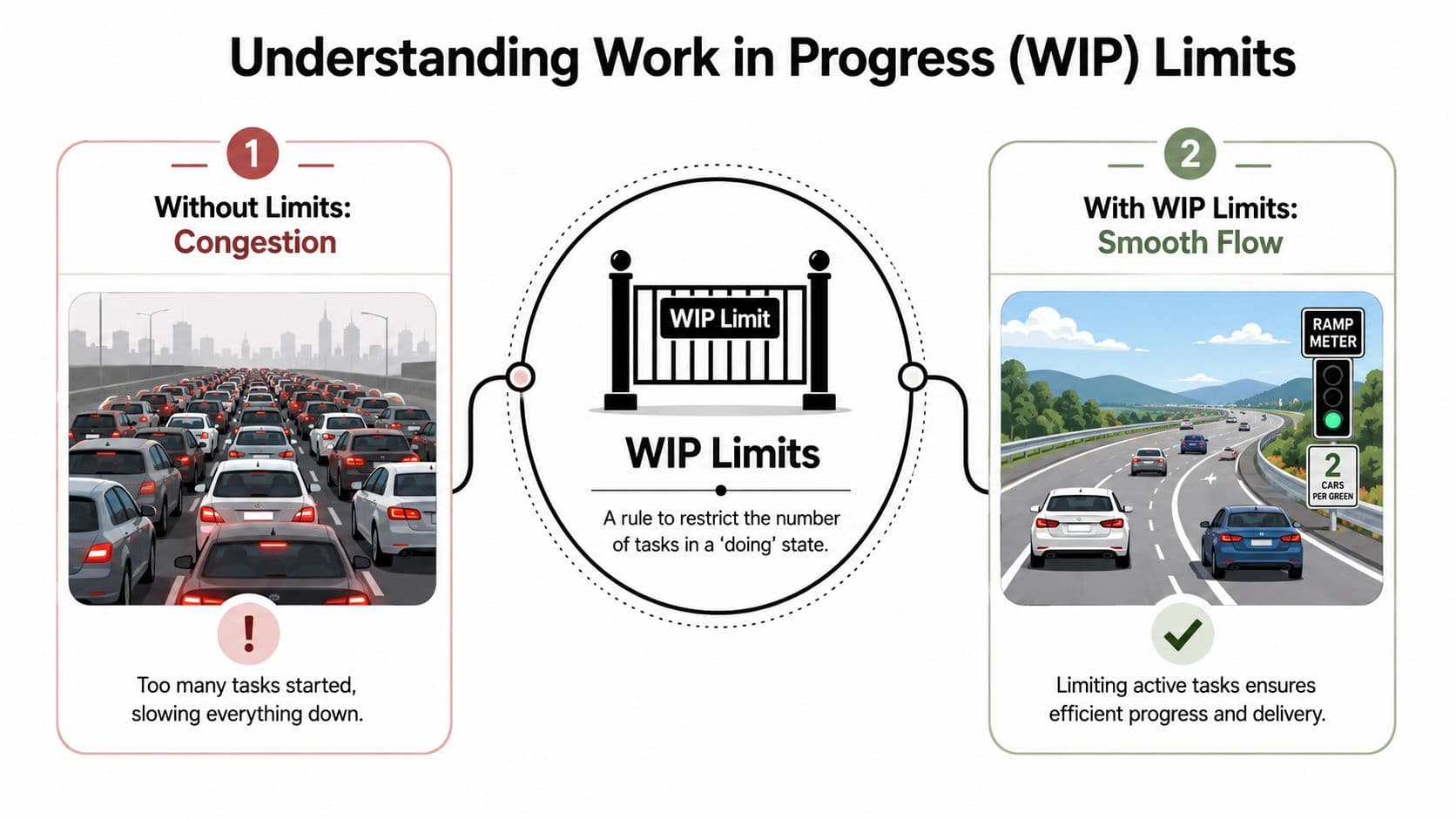 A diagram comparing congested traffic without WIP limits to smooth traffic flow with WIP limit controls.
