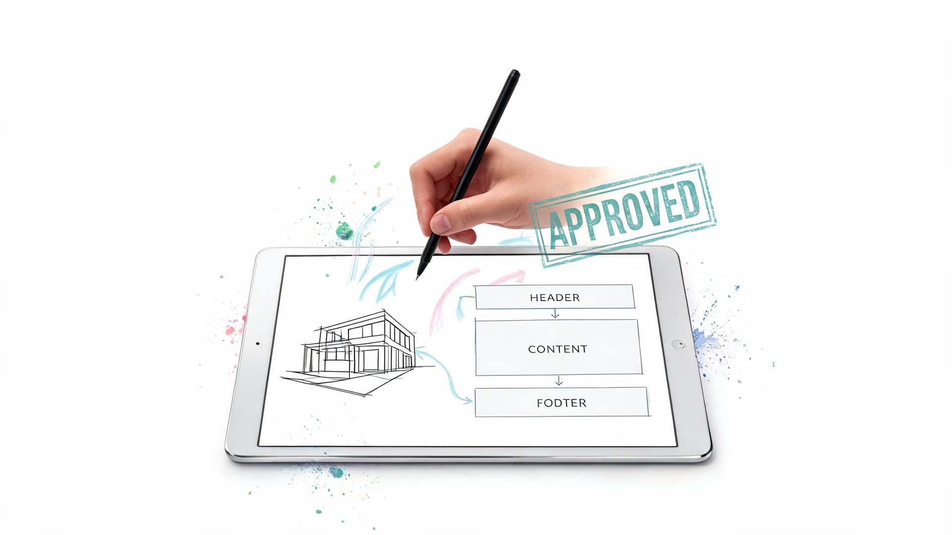 A hand using a digital pen to design a website layout and house sketch on a tablet screen.