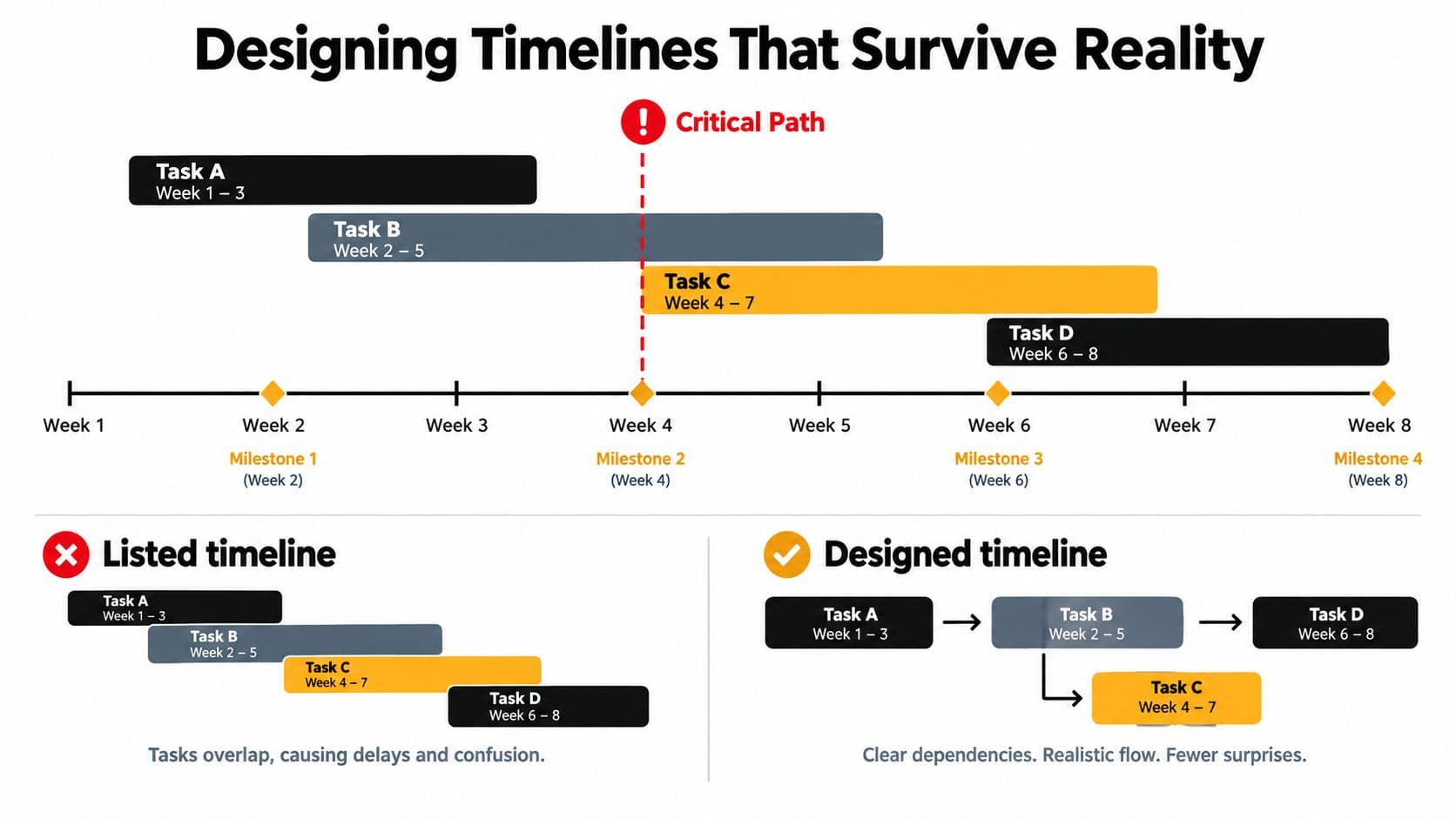 A diagram comparing poorly organized project timelines with well-structured project schedules showing clear task dependencies and milestones.