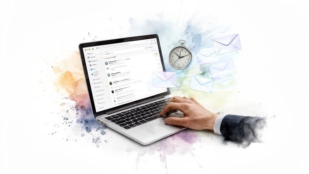 A person types on a laptop displaying email, with a clock and floating envelopes, against a watercolor background.