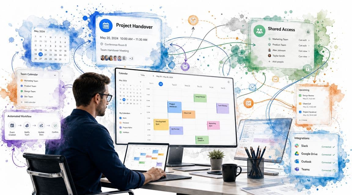 A professional working on a project planning dashboard with interconnected calendar and workflow integration features.
