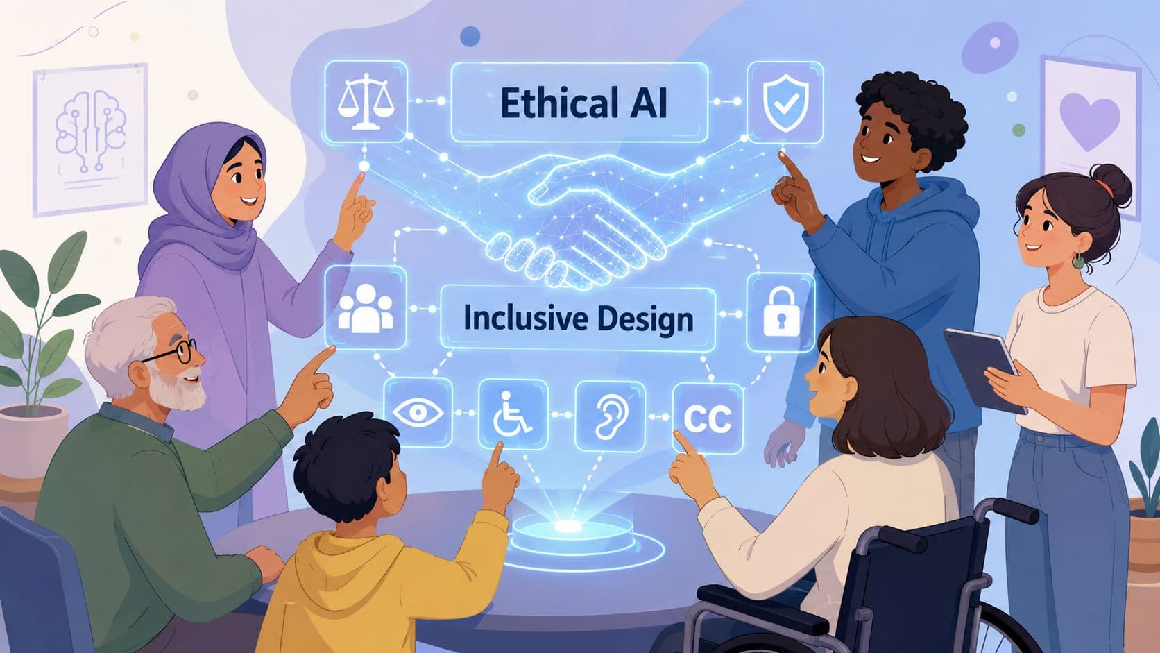 A diverse group of people interacting with a digital interface representing ethical AI and inclusive design concepts.