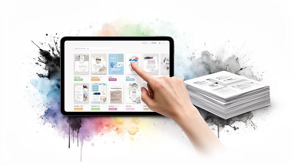 A hand taps a tablet screen displaying various design templates, with a stack of printed papers.