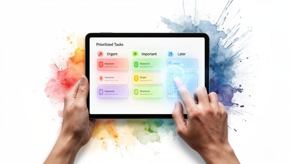 Hands hold a tablet displaying a prioritized task management app with Urgent, Important, and Later categories, against a colorful watercolor background.