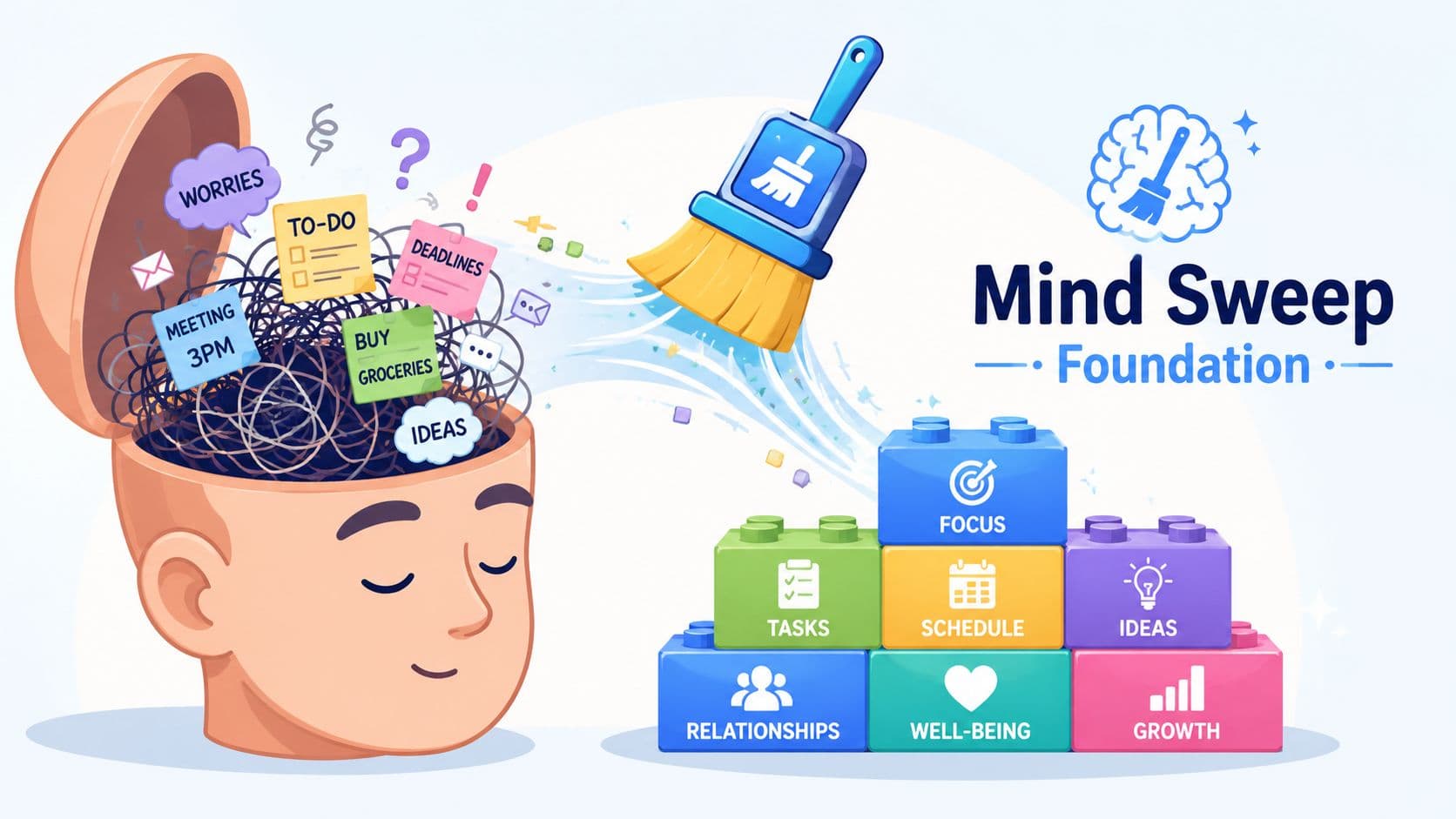 A digital illustration showing a cluttered brain being organized into structured, colorful building blocks labeled Mind Sweep.