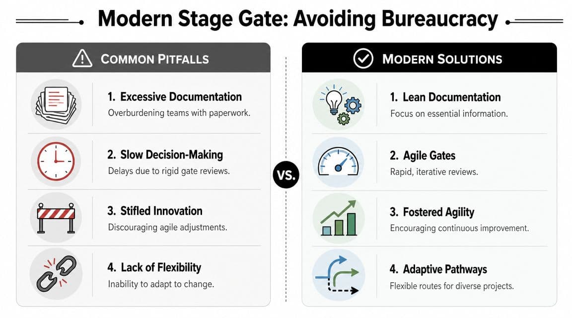 A comparison chart showing common pitfalls in traditional stage gate processes versus modern agile solutions.