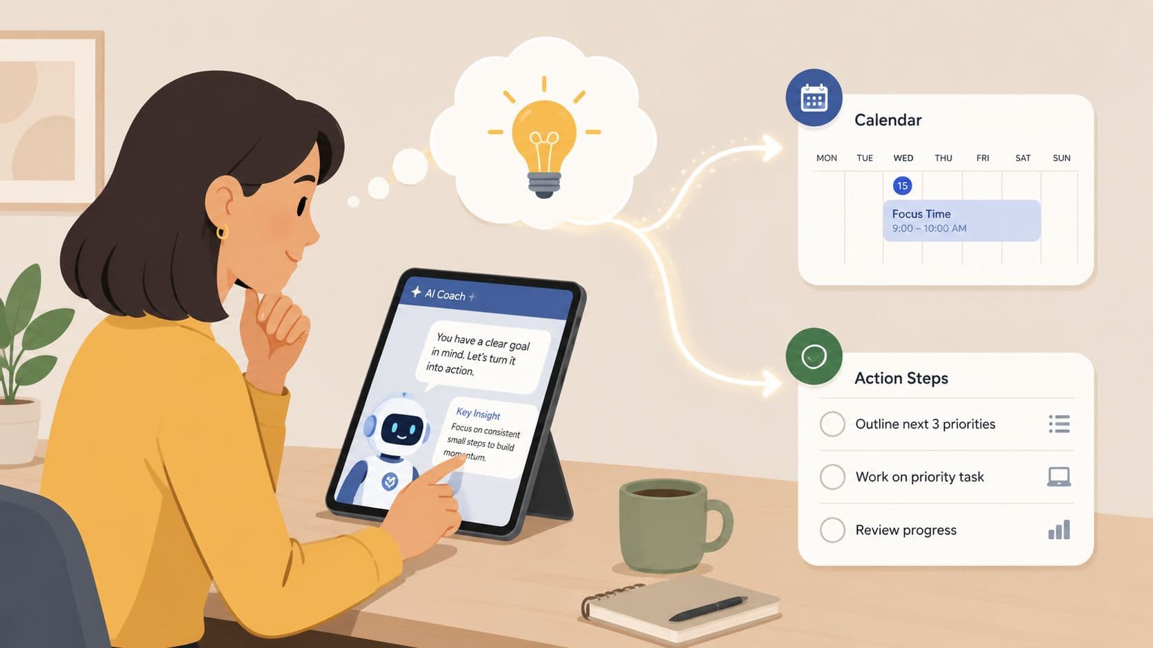 A young woman uses an AI life coach app on a tablet to organize her daily schedule.