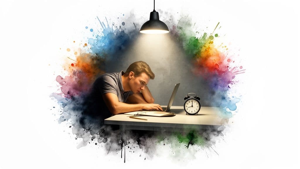 A man works intensely on a laptop under a spotlight with an alarm clock nearby, surrounded by colorful splatters.