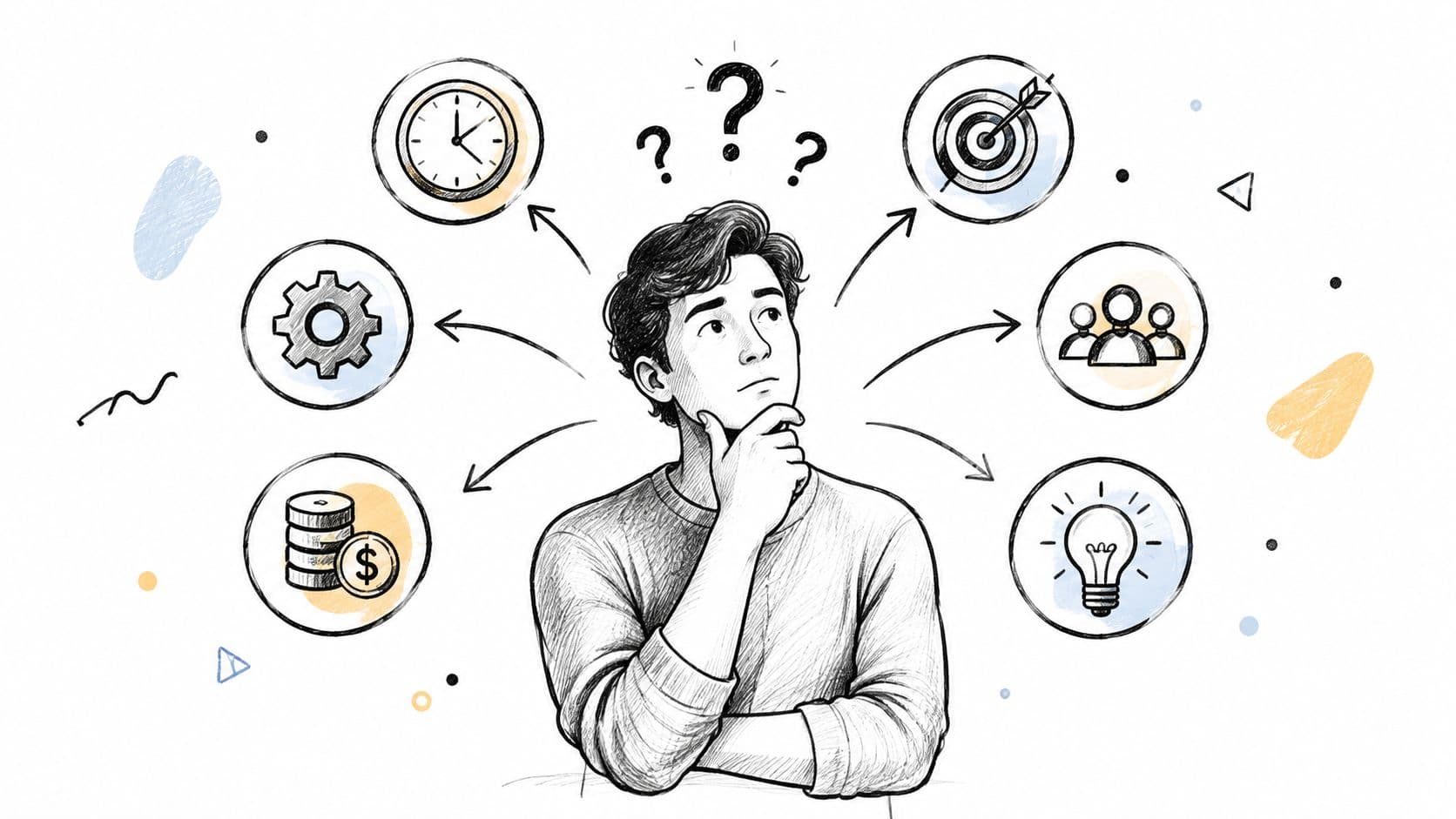 A person contemplating multiple business and productivity factors represented by illustrated icons surrounding a thoughtful young man.