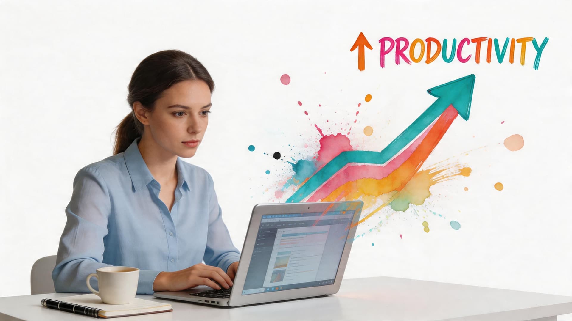 A professional young woman working on her laptop with a colorful productivity chart graphic floating above.