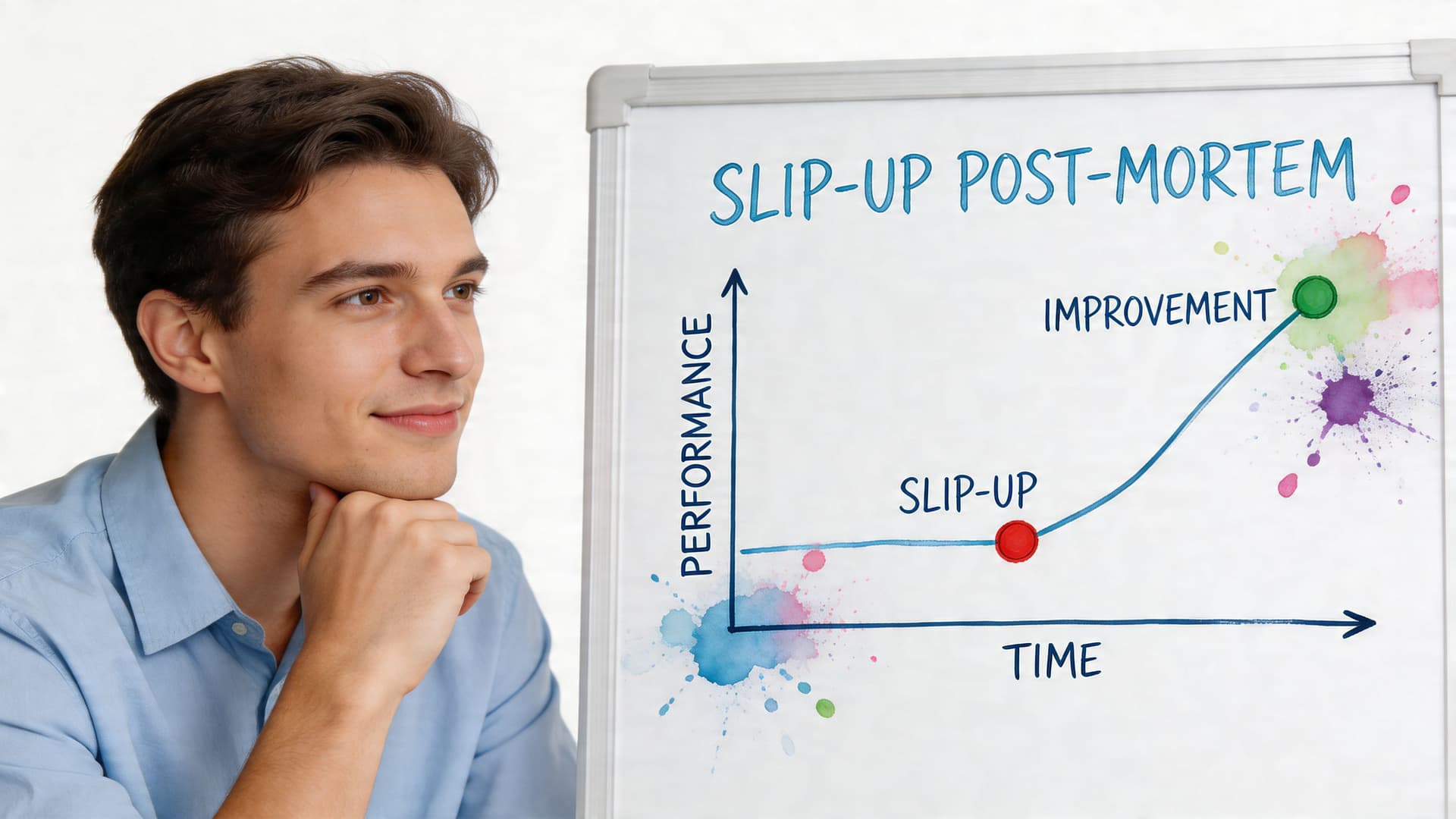 A young professional analyzing a whiteboard chart illustrating personal growth after a slip-up event.