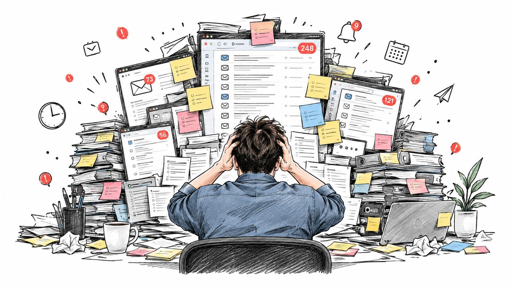 A person sitting at a messy desk, overwhelmed by a huge pile of paperwork and digital notifications.