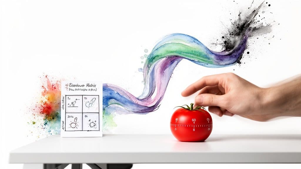 Hand adjusting a red tomato timer next to an Eisenhower Matrix card and vibrant watercolor art.