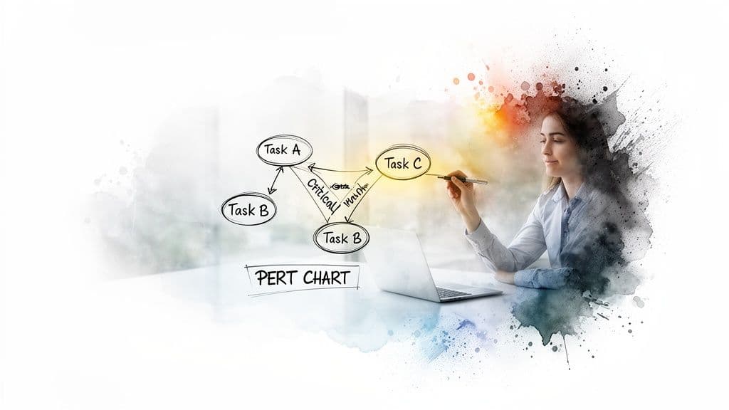 A businesswoman analyzes a PERT chart on a screen, showing tasks and project dependencies.