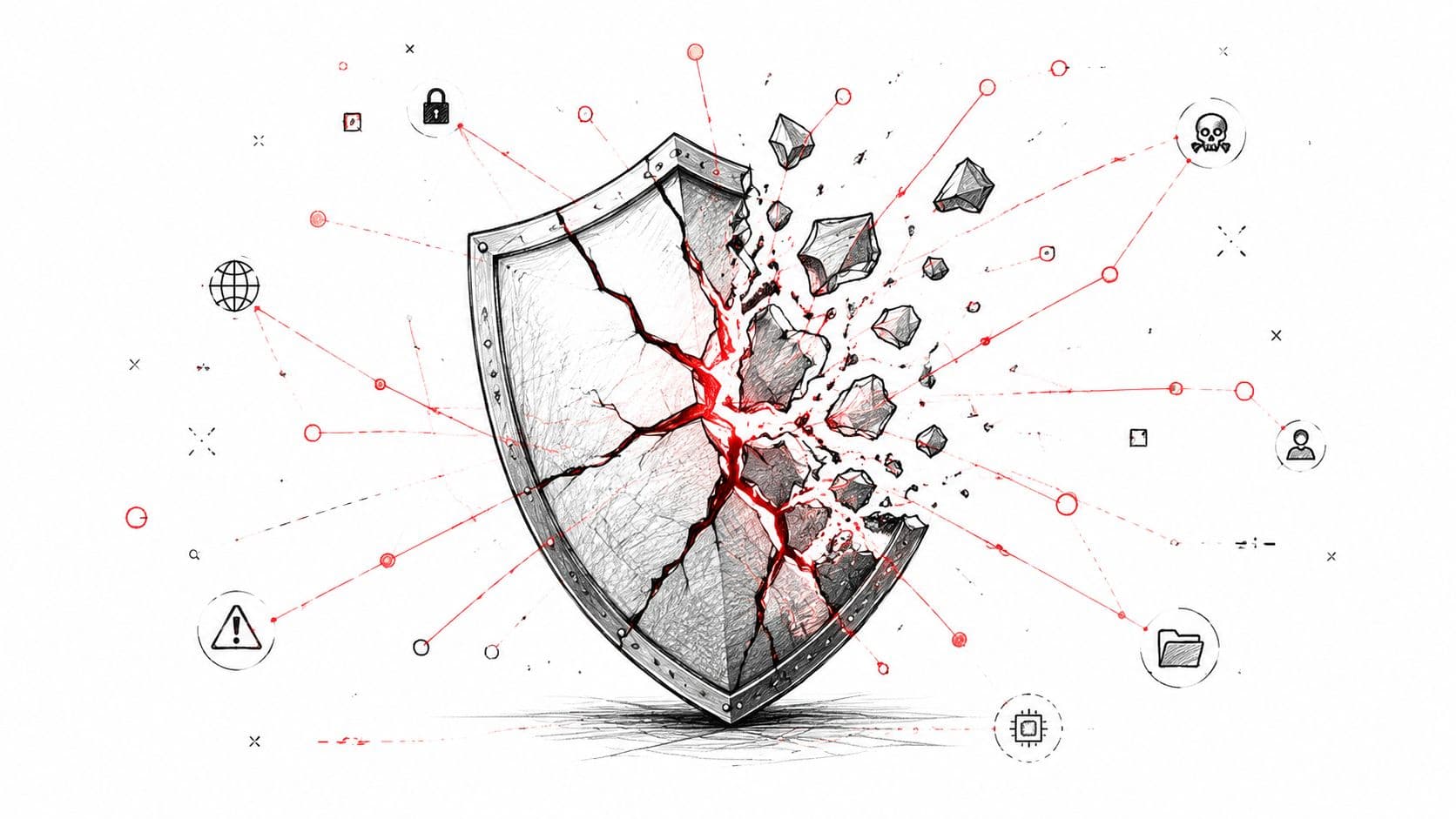 A shattered metallic shield symbolizing a breach in digital security and network data protection failure.